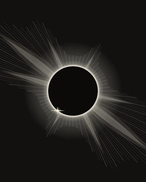 A black moon covers the sun on a black ground. A bright inner ring hugs its edge, soft streamers in bone and stone reach out longest along one diagonal, and fine, evenly spaced rays fan out between them. A single bead of light flares on the rim, lower left.