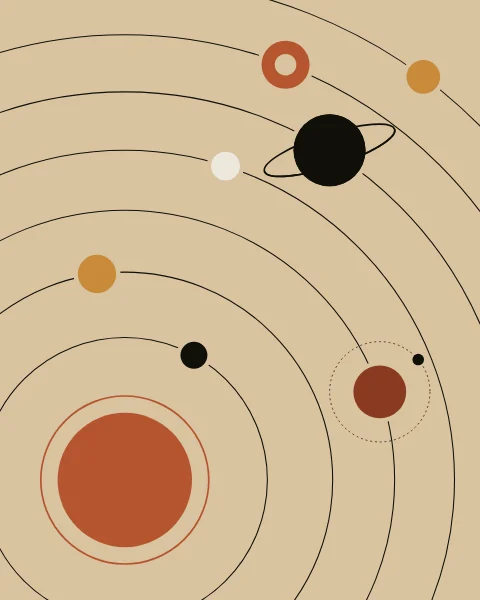 A terracotta sun sits low in the left corner of a sand ground, and seven fine black orbits sweep out from it across the frame. Planets of different sizes ride the orbits, one ringed, one with a small moon on a dotted path.