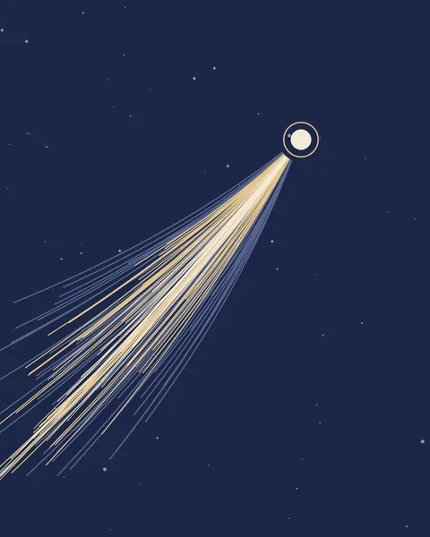 A bright head ringed in gold sits in the upper right of a deep navy ground, and its tail of many fine curved lines in gold, cream and slate fans down to the lower left corner. Small stars fill the sky.