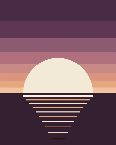 Eight flat bands of plum, mauve, rose and peach narrow towards the horizon, where a cream half-sun sits on dark plum water. Bars of cream and peach, shrinking as they go, carry its reflection down the page.