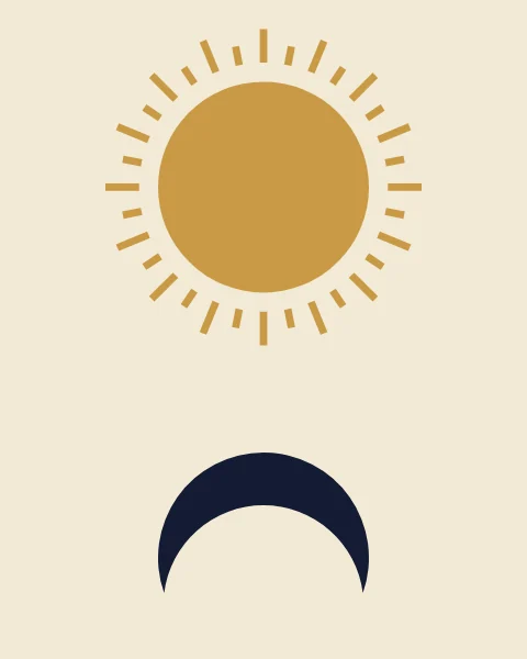 A gold disc with a ring of thirty-two short rays sits on a cream ground, with a midnight crescent below it, or beside it on the wide sheets, its curved edge turned towards the sun.