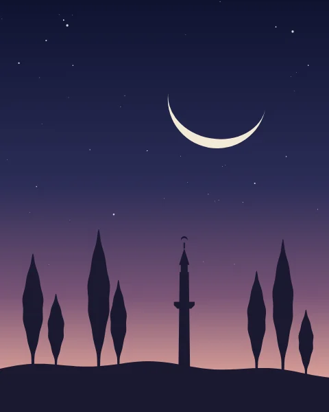A sky runs from midnight blue at the top through violet to a soft pink glow above low dark hills. A cream crescent lies like a shallow bowl in the upper right, its lit edge turned down towards the sun that has just set; small stars thin out as the sky lightens, and along the horizon a row of slim cypresses and one small minaret stand black against the last light.