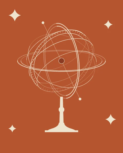 An armillary sphere in sand-coloured line on terracotta: a double meridian ring, a broad horizon ring, the equator and the two tropics, a ticked ecliptic band and the two colures around a rust bead, with the polar axis running through, on a slim turned stand. The rings at the back are drawn fainter, so the sphere reads in depth.