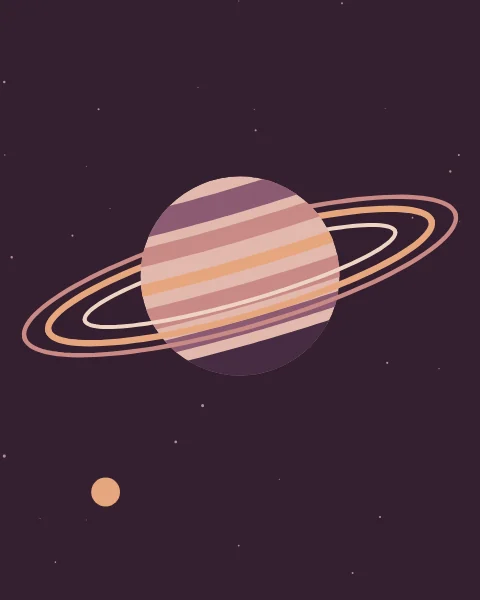 A round planet striped in mauve, rose, peach and plum sits in the middle of a deep plum ground, with three tilted rings passing behind it and in front. A small peach moon and faint stars fill the corners.