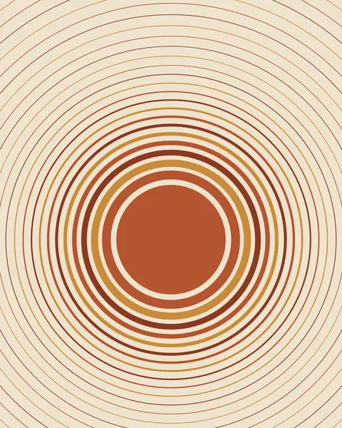 A solid terracotta disc sits on pale sand, surrounded by rings in terracotta, ochre and rust that get thinner and further apart until they run off the edges as fine lines.