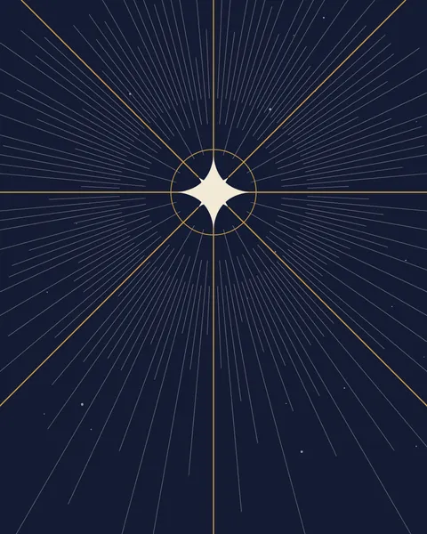 A cream four-point star sits in the upper half of a midnight ground inside a thin gold ring. Fine grey lines of different lengths radiate from it, and every eighth line runs in gold to the edge of the frame.