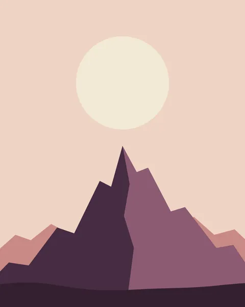 A cream full moon hangs over a single faceted peak in plum and mauve, with a lower rose range behind and dark foothills at the bottom, on a pale blush sky.