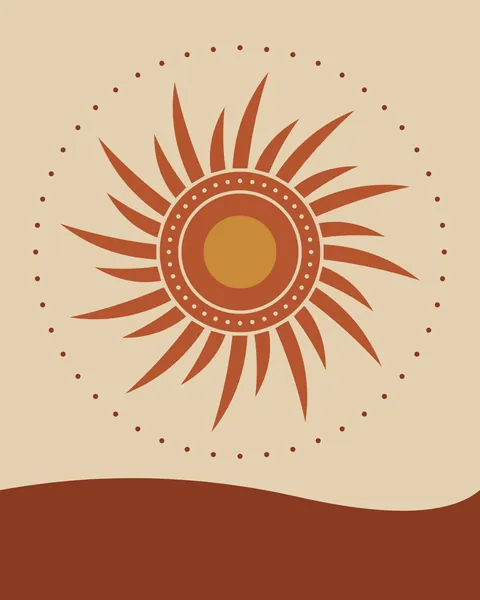 A terracotta sun with twenty-four curved flame rays, alternately long and short, sits on a sand ground, ringed by small rust dots, with a sand line of dots inside and an ochre centre. A rust dune runs along the bottom.