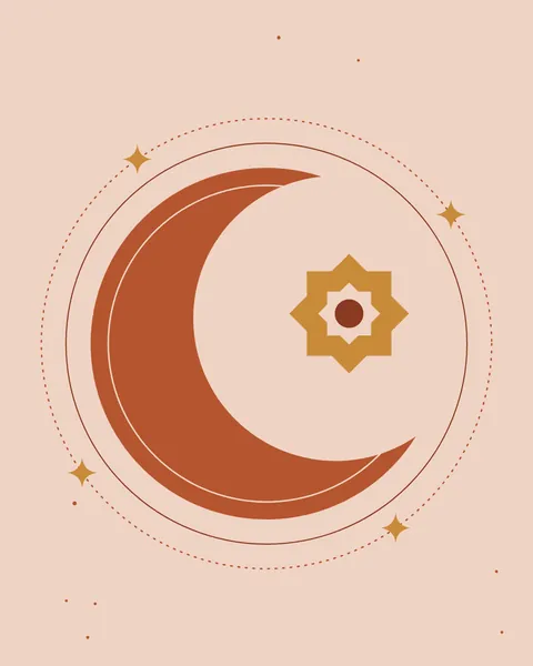 A large terracotta crescent, traced inside with a fine blush line, holds an eight-pointed ochre star made of two overlapping squares in its hollow. A thin rust ring and a dotted terracotta halo circle them both, with four small sparkles on the halo and a scatter of tiny stars.