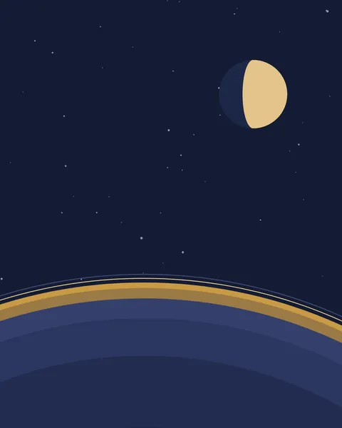 The curved top of a vast planet crosses the lower third of a midnight ground in bands of gold, bronze and navy, with a fine gold line of atmosphere above it. A small gibbous moon hangs in the upper right among stars.