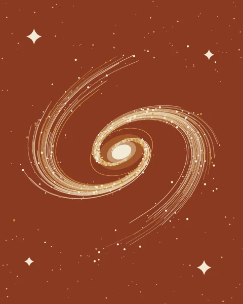 A spiral galaxy seen at a slant on a deep rust ground: two arms of fine sand and ochre lines wind out from a cream core in a thin gold ring, strung with small stars, and four cream four-point stars sit in the corners among tiny dots.
