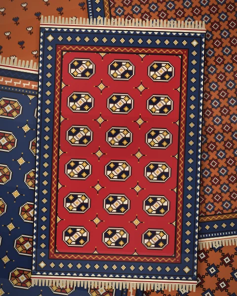 Five village rugs heaped on a dark floor, a crimson rug of quartered guls on top over rugs of stars, latch hooks and small sprigs in rust and indigo.