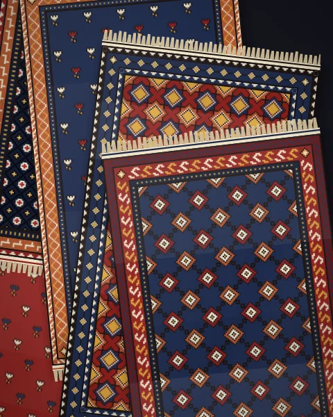 A cascade of rugs stepping down across a near-black floor, an indigo latch-hook rug with an S border on top, with madder and deep indigo rugs below.