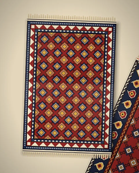 A single madder rug of eight-pointed stars inside an ivory and indigo tooth border, laid on pale plaster, with the corner of a second rug of latch-hook diamonds slipping in from the side.
