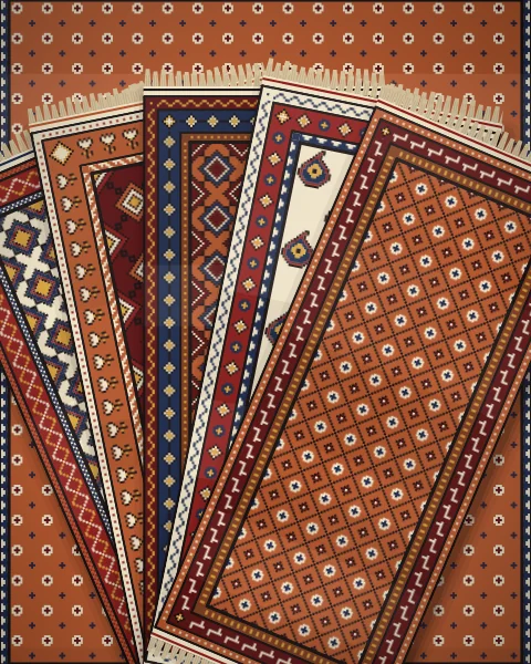 Six rugs fanned out like cards from the foot of the frame, in rust, ivory and deep madder, with fields of lattice, stars, boteh and small crosses.