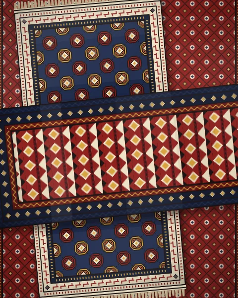 Two rugs crossing at right angles over a third: a striped madder kilim of diamonds laid across an indigo rug of Memling guls with a running hook border.