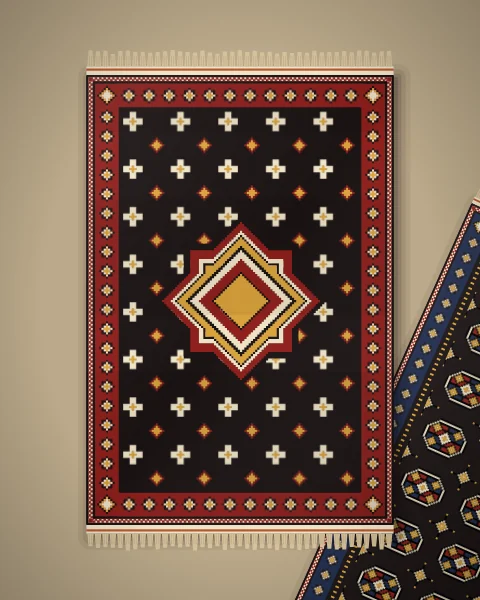 A black rug with a single eight-pointed star medallion on a field of small ivory crosses and a madder border of small stars, laid on stone beside the edge of a black gul rug.