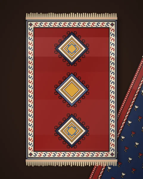 A madder rug with three latch-hook medallions in a column, inside an ivory border of S motifs, on a dark floor beside the corner of an indigo rug.