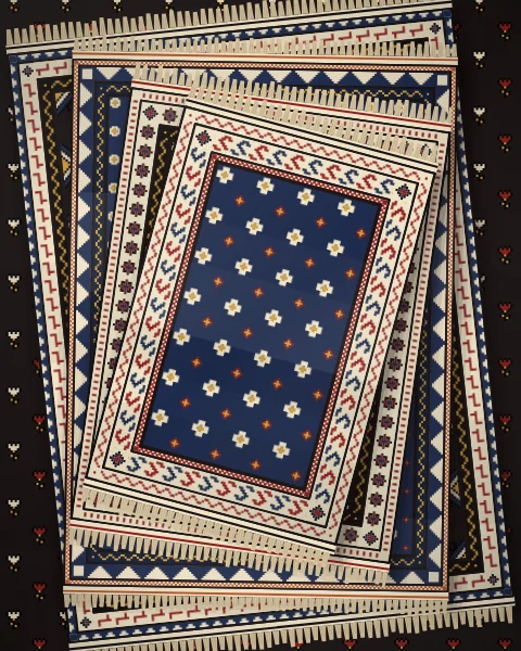 A twisting stack of black and indigo rugs turned a little more at each layer, with fields of latch hooks, crosses and small sprigs.