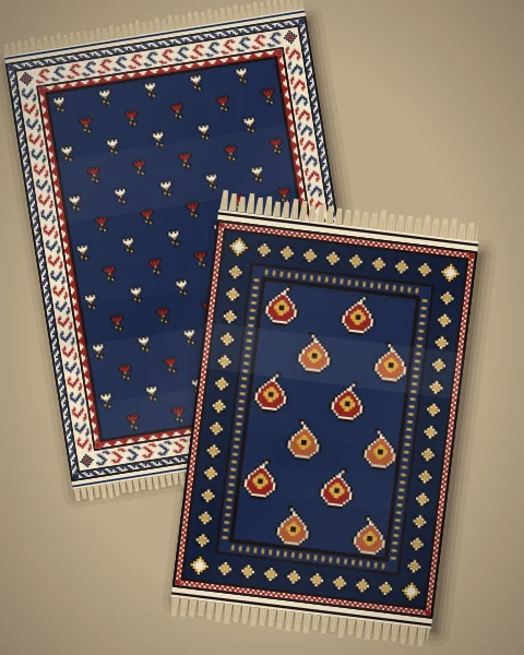 Two rugs on pale stone, an indigo rug of rows of boteh with a border of small stars over an indigo rug of small sprigs.