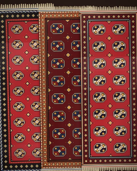 Three red runners side by side on a dark floor, each covered in rows of quartered guls and framed in narrow borders of stars and diamonds.