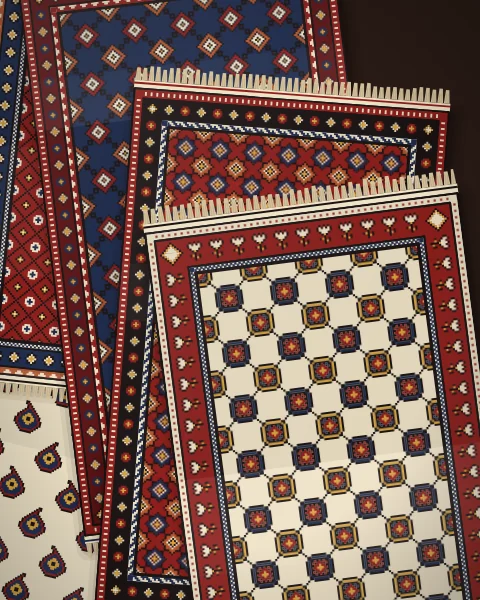 A cascade of rugs led by an ivory rug of Memling guls with a carnation border, over madder and indigo rugs of stars, lattice and boteh.