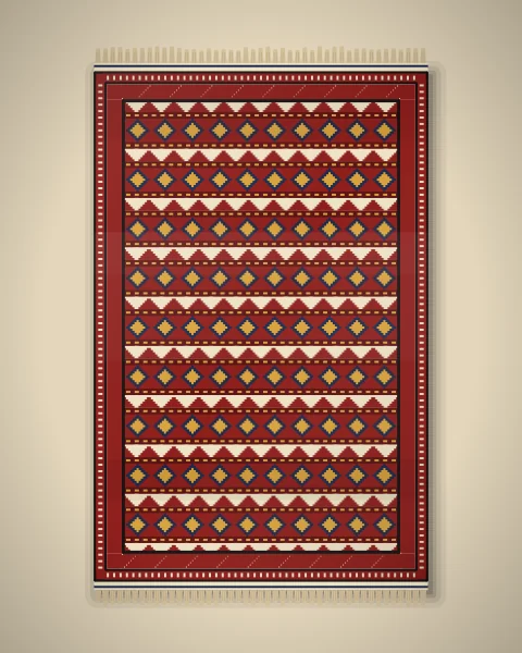 A single madder kilim on pale plaster, banded with ivory triangles, saffron pips and indigo diamonds, with ivory tooth borders and a short fringe.