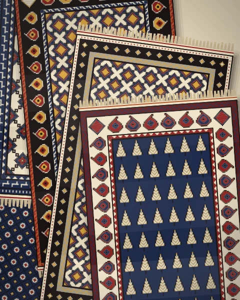A cascade of rugs on pale plaster, led by an indigo rug of stepped cypress trees with a boteh border, over ivory rugs of stars and latch hooks.