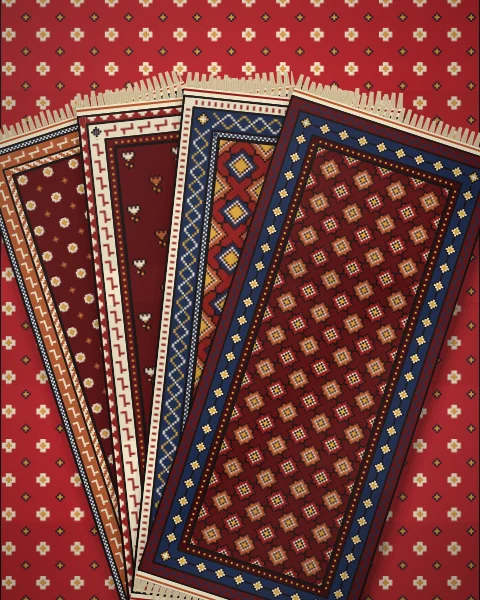 Five rugs fanned out from the foot of the frame in madder, crimson and deep madder, with fields of stars, small crosses and sprigs.