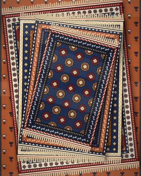A twisting stack of rugs turned a little more at each layer, an indigo rug of Memling guls with a running hook border on top.