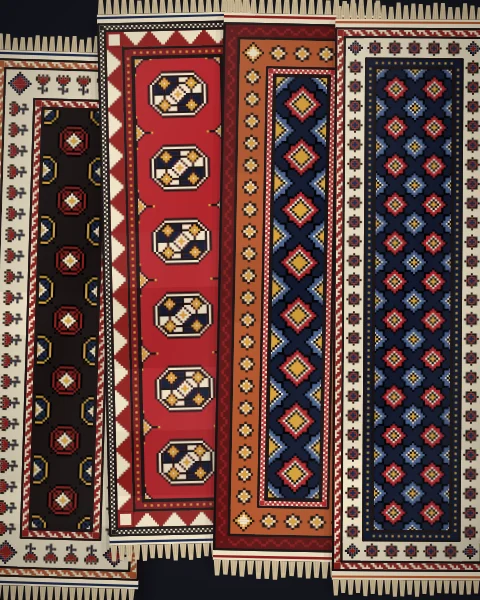 Four runners side by side on a dark floor, crimson, black and deep indigo, with fields of guls, Memling guls and eight-pointed stars.