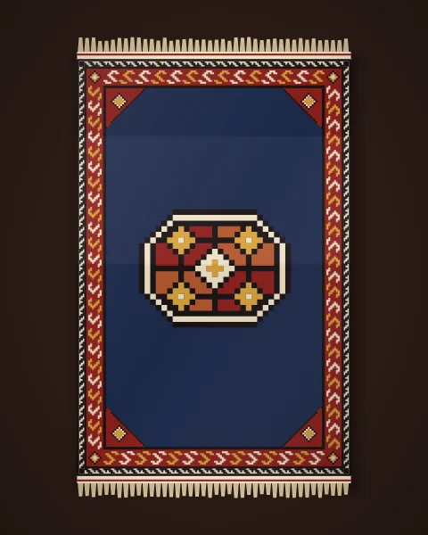 A single indigo rug with one large quartered gul medallion on a plain field, madder corner pieces and a madder border of S motifs.