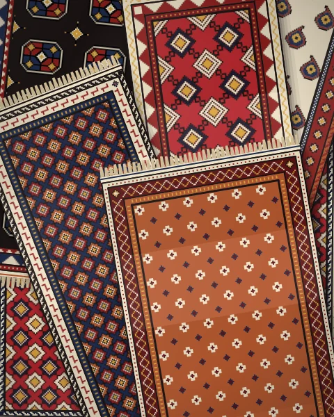 A full shop floor of rugs thrown down at every angle, crimson, black, ivory, indigo and rust, with stars, guls, boteh and latch hooks.