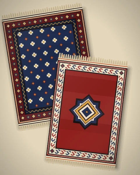 Two rugs on pale plaster, a madder rug with one eight-pointed star medallion and an ivory border of S motifs, over an indigo rug of small crosses.