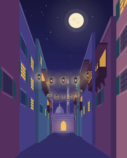 A narrow lane between tall painted houses with wooden balconies and lit windows, strung with lanterns, leading to a striped gateway beneath a minaret and a carved stone dome under a full moon.