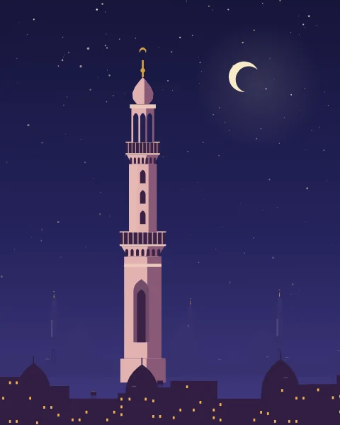 A tall pale minaret with two balconies and an open pavilion topped by a bulb rises over a dark city, beside a crescent moon.