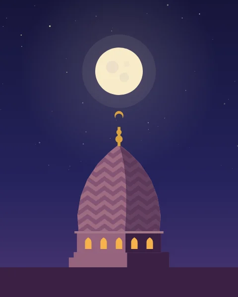 A single carved stone dome with a zigzag pattern and a row of lit windows sits beneath a large full moon.