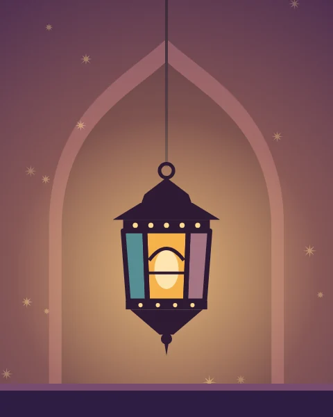 A single hanging lantern with amber, teal and pink glass glows inside a carved niche, throwing small stars of light across the wall.