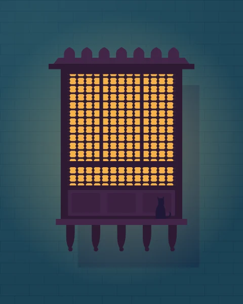A projecting wooden balcony of turned lattice glows from within against a moonlit teal wall, with a cat sitting on its ledge.