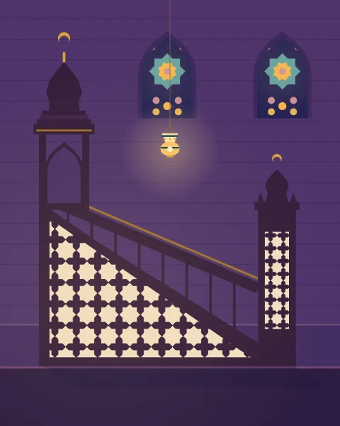 A tall wooden minbar seen from the side: a straight stair rising between panels inlaid with ivory stars, a gate with a crested top at its foot and a small domed pavilion at the head, under windows of coloured glass and a hanging glass lamp.