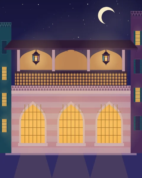 A two-storey public fountain building with grilled windows of ablaq stone below and an open wooden loggia above, lit by lanterns at night.