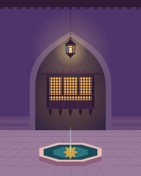 A tall reception hall with a central arch, a glowing wooden screen, a hanging lantern and an octagonal marble fountain set into the floor.