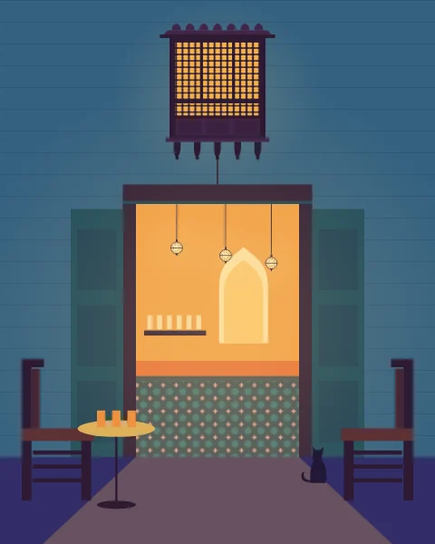 An open café doorway glows orange from within, with a tiled counter, lamps and a mirror, a pair of chairs and a table of tea glasses outside, a carved wooden window above and a cat by the step.