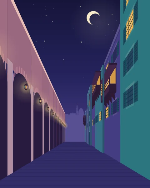 An arcade of round arches, each with a lantern, runs alongside a street of tall houses with wooden balconies towards a distant skyline.