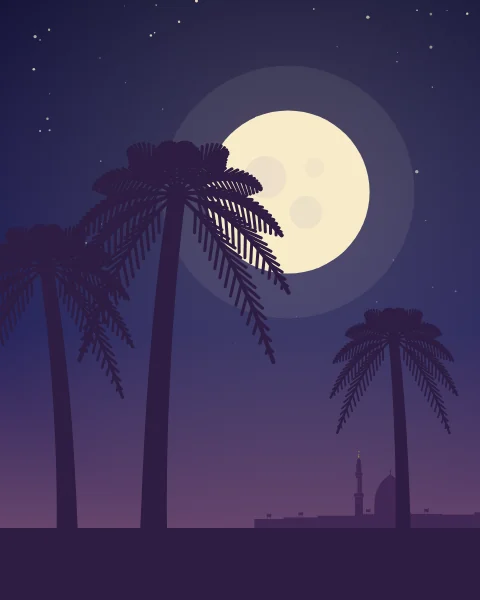 Three date palms stand in silhouette against a huge full moon, with a low dome and minaret on the horizon.