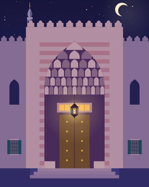 A monumental portal of striped stone with a honeycomb hood, studded bronze doors and a lantern hanging in its recess, beneath a crescent moon.