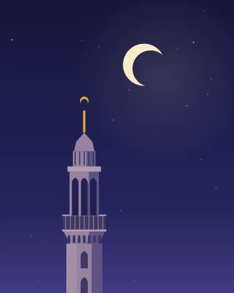 The top of a minaret with its open pavilion and ribbed cap rises from below into a deep night sky beside a thin crescent moon.
