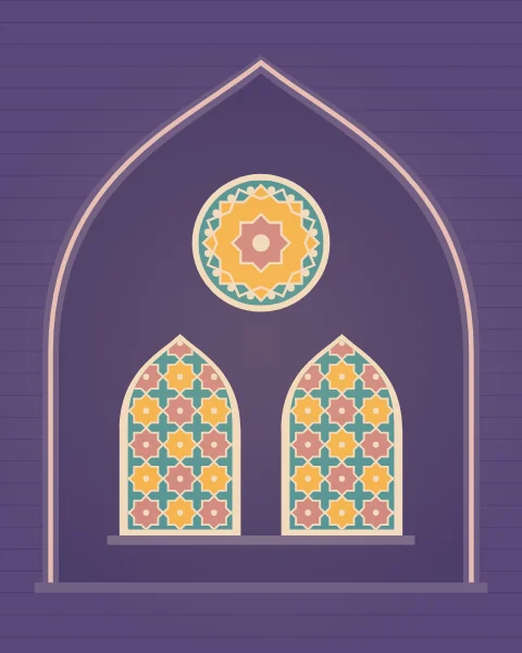 A tall recessed bay in a stone wall with a pointed keel arch, holding two arched windows and a round window above, all filled with coloured glass set in white plaster in patterns of eight-point stars.