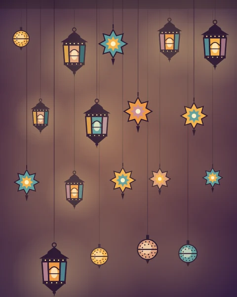 Dozens of lanterns, some six-sided, some round and pierced, some shaped like stars, hang at different heights and glow in a warm shop.