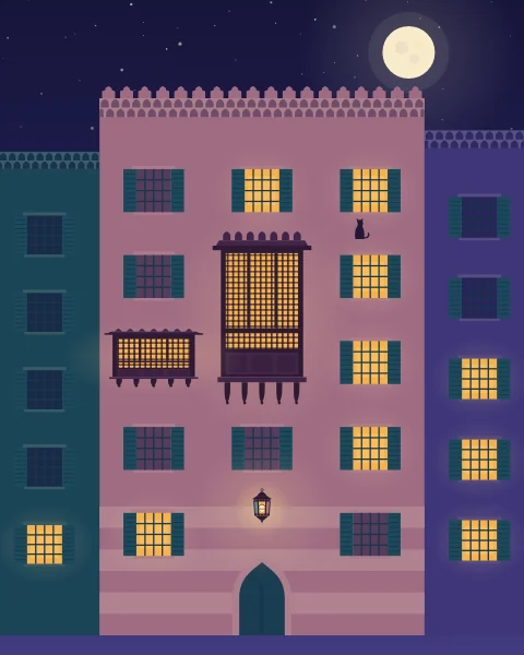 A tall dusky-pink house with shuttered windows, two wooden balconies and a lantern by the door stands between neighbours under a small moon, a cat on one sill.